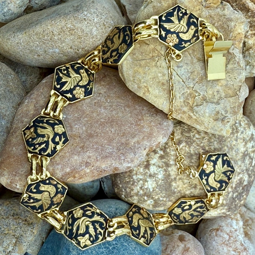 Vintage Toledo Damascene Spain Bird Floral Gold Black Bracelet 7.75”–8” - Picture 15 of 17